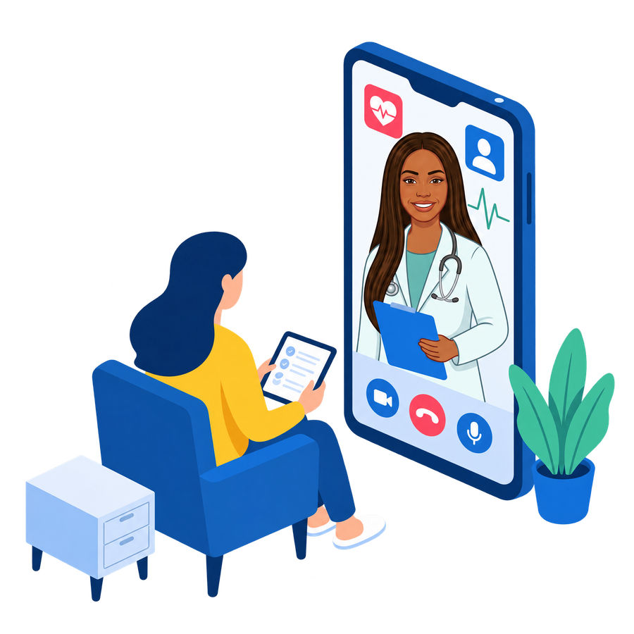 Ilustración de una paciente conectándose desde casa con una médica por videollamada