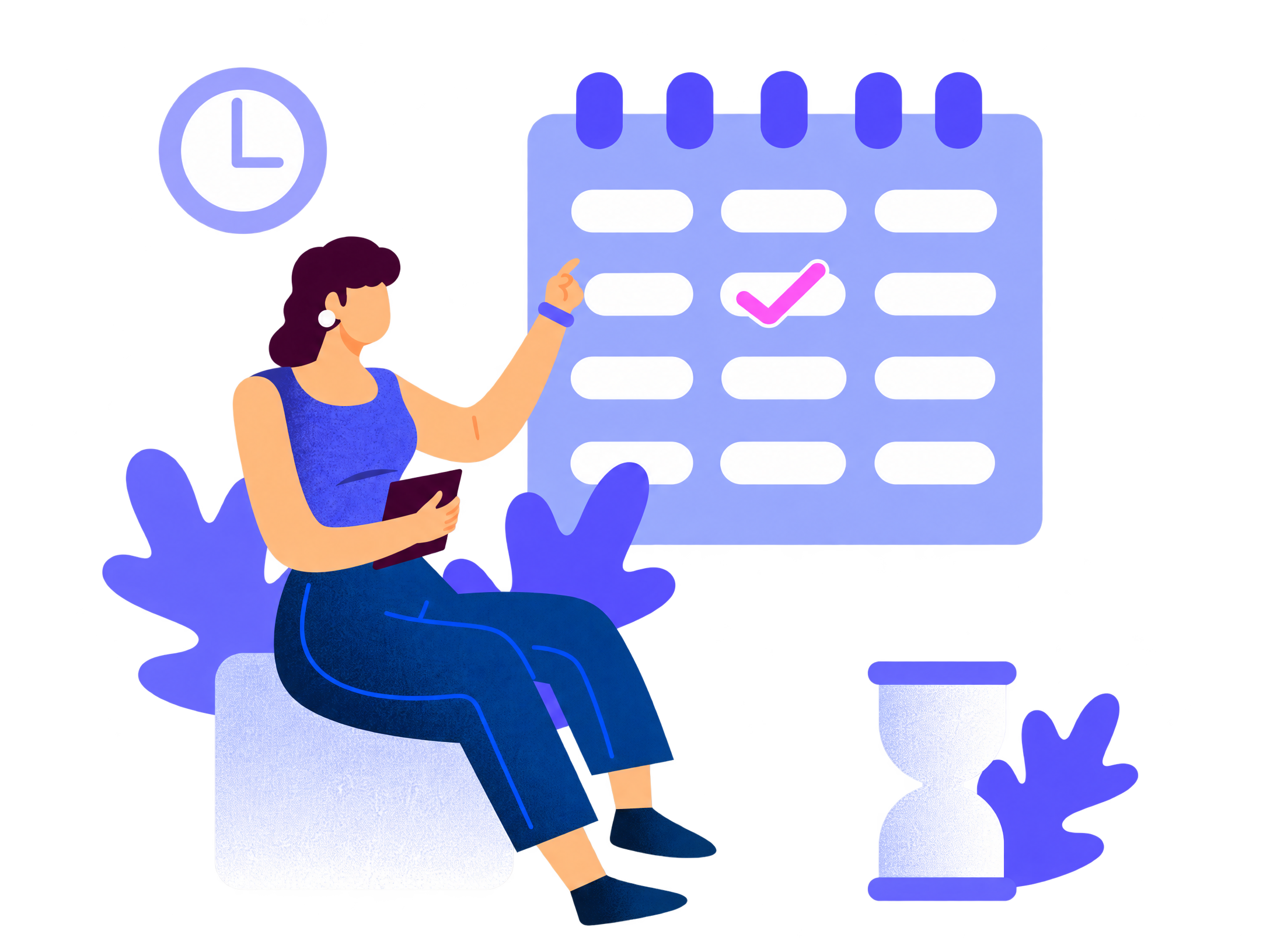 Ilustración de una mujer eligiendo un horario en un calendario, con reloj y reloj de arena