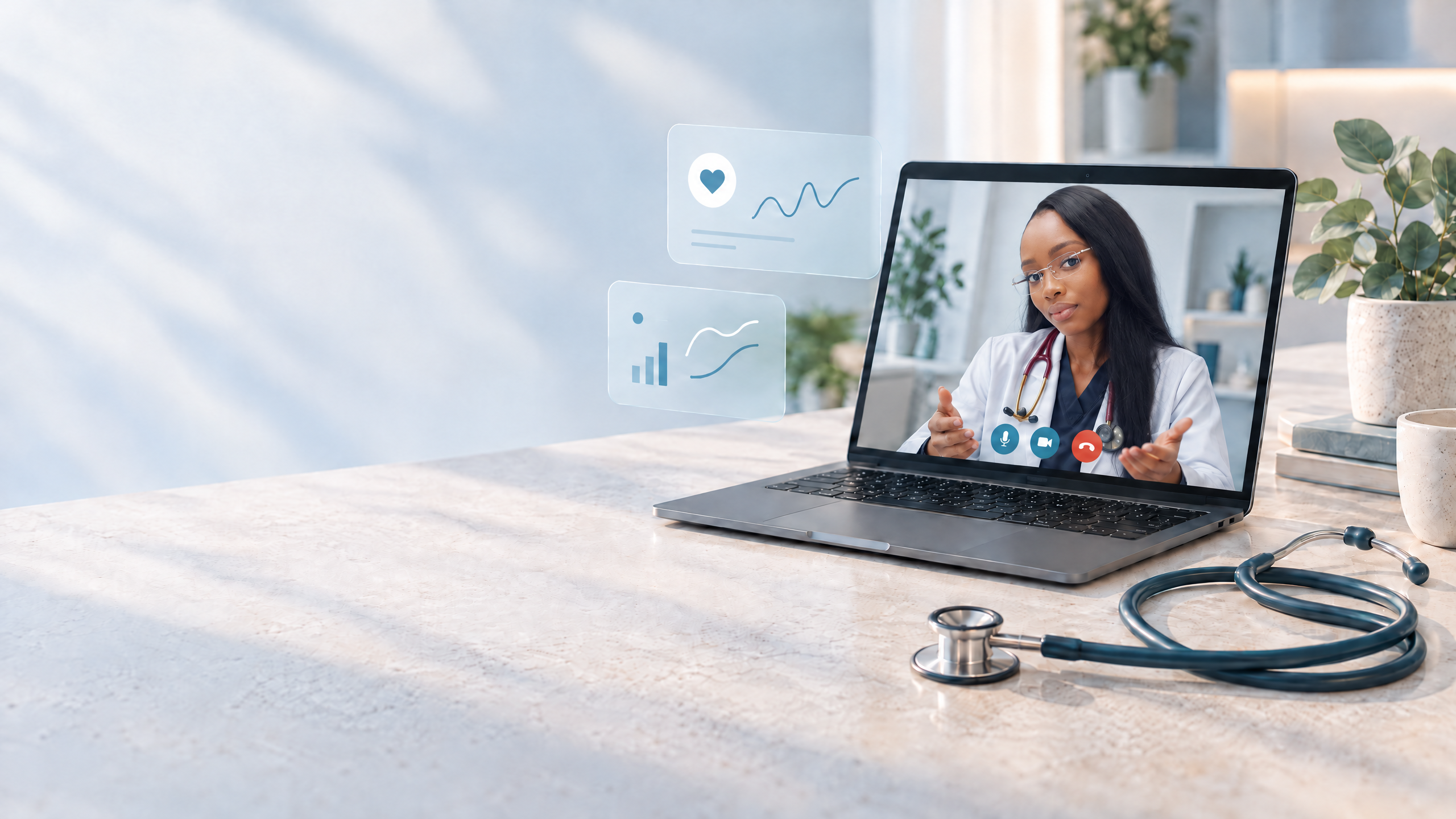 Ilustración de una consulta médica en una laptop, con estetoscopio y paneles digitales flotantes