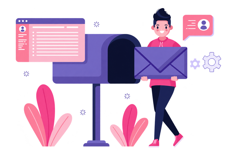 Ilustración de una persona con un sobre junto a un buzón y paneles de correo digital
