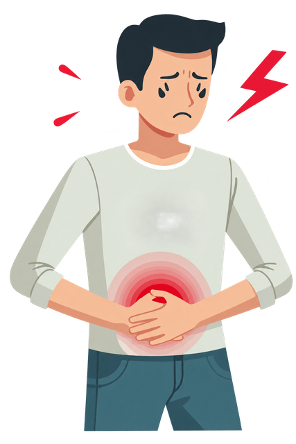 Ilustración de un hombre con las manos sobre el abdomen dolorido