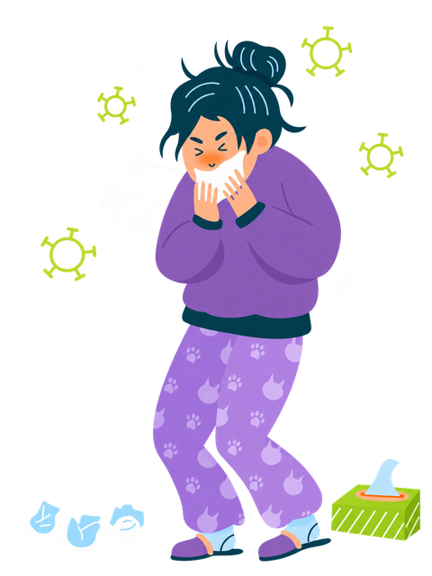 Ilustración de una mujer estornudando en un pañuelo