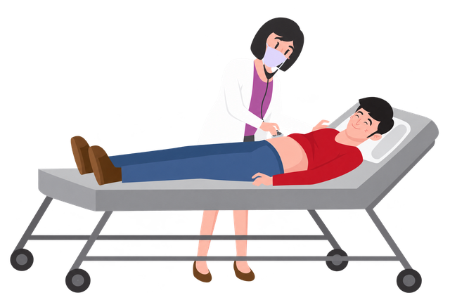 Ilustración de una médica realizando una exploración abdominal a un paciente en una camilla